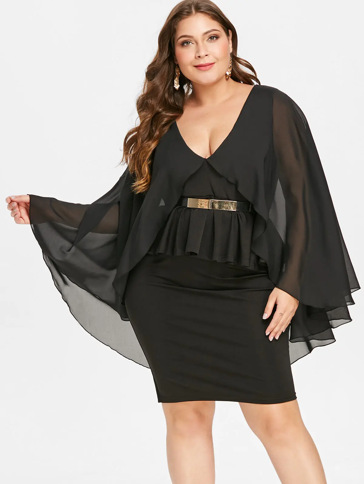 

Lortalen Women Plus Size 5XL Plunging Neck Cape Peplum Dress Solid Sleeve Knee Length Bodycon Party Dress Valentine Vestido