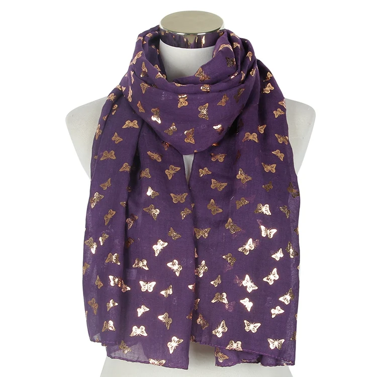 Модная черная фиолетовая белая Золотая фольга Бабочка узор мягкая длинная шаль пашминовый палантин шарф для женщин платок femme - Цвет: Purple Long