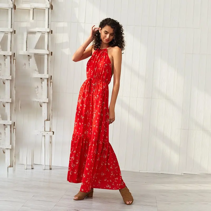 Women Backless Sexy Red Maxi Dress Elegant 2019 Boho Floral Print Chic Romantic Holiday Summer Lace Up Casual Long Dresses Girl | Женская