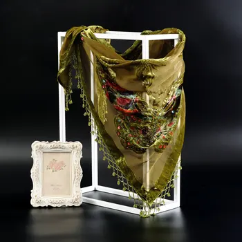 

Army Green Women Rayon Scarf Shawl Chinese National Muffler Shawls Chal Muslim Hijab Handmade Beaded Pashmina Stole 150*70cm