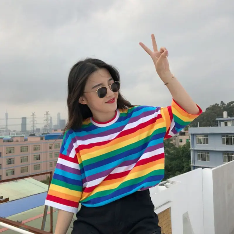 

Girls Plus Size Half Sleeves Harajuku T-Shirt Rainbow Contrast Colored Cross Stripes Printed Oversized Loose Pullover Top