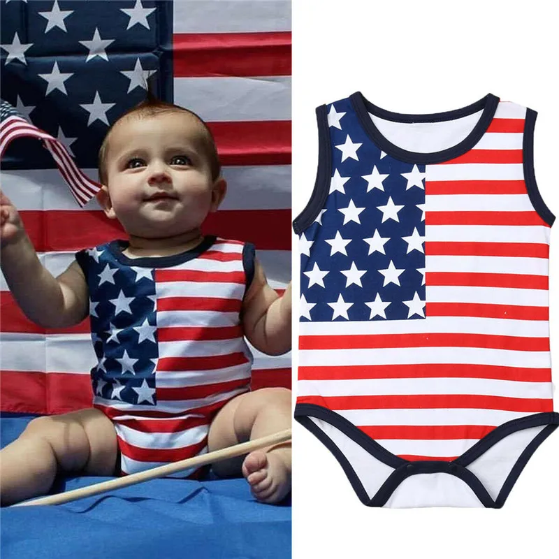 

2019 New Newborn Baby Girl Boy 4th of July Bodysuit USA Flag Striped Star Jumpsuit Cute Summer Sleeveless Clothes Outfit