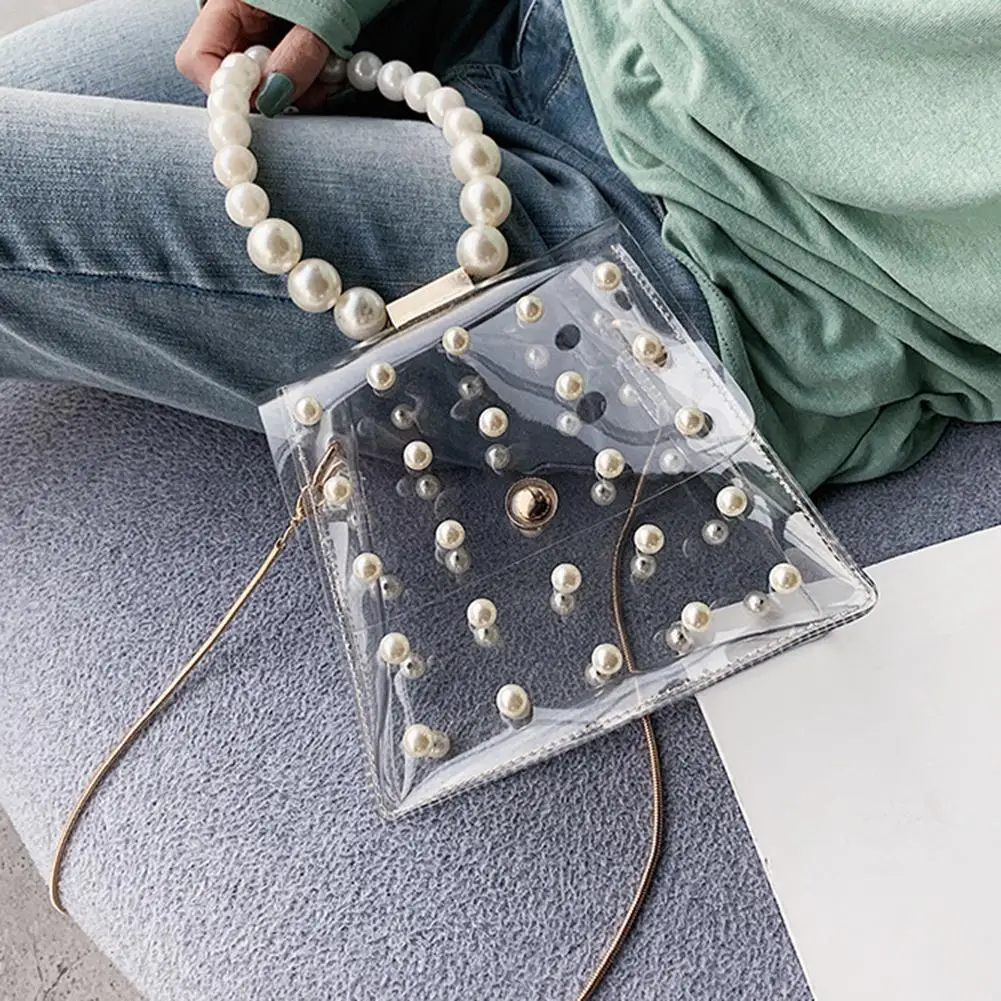 

Fashion PVC Chain Shoulder Bag Tote Handbag Girl Pearl Hand Bags Transparent Clear Pack Mini Small Cute Messenger Crossbody Bags