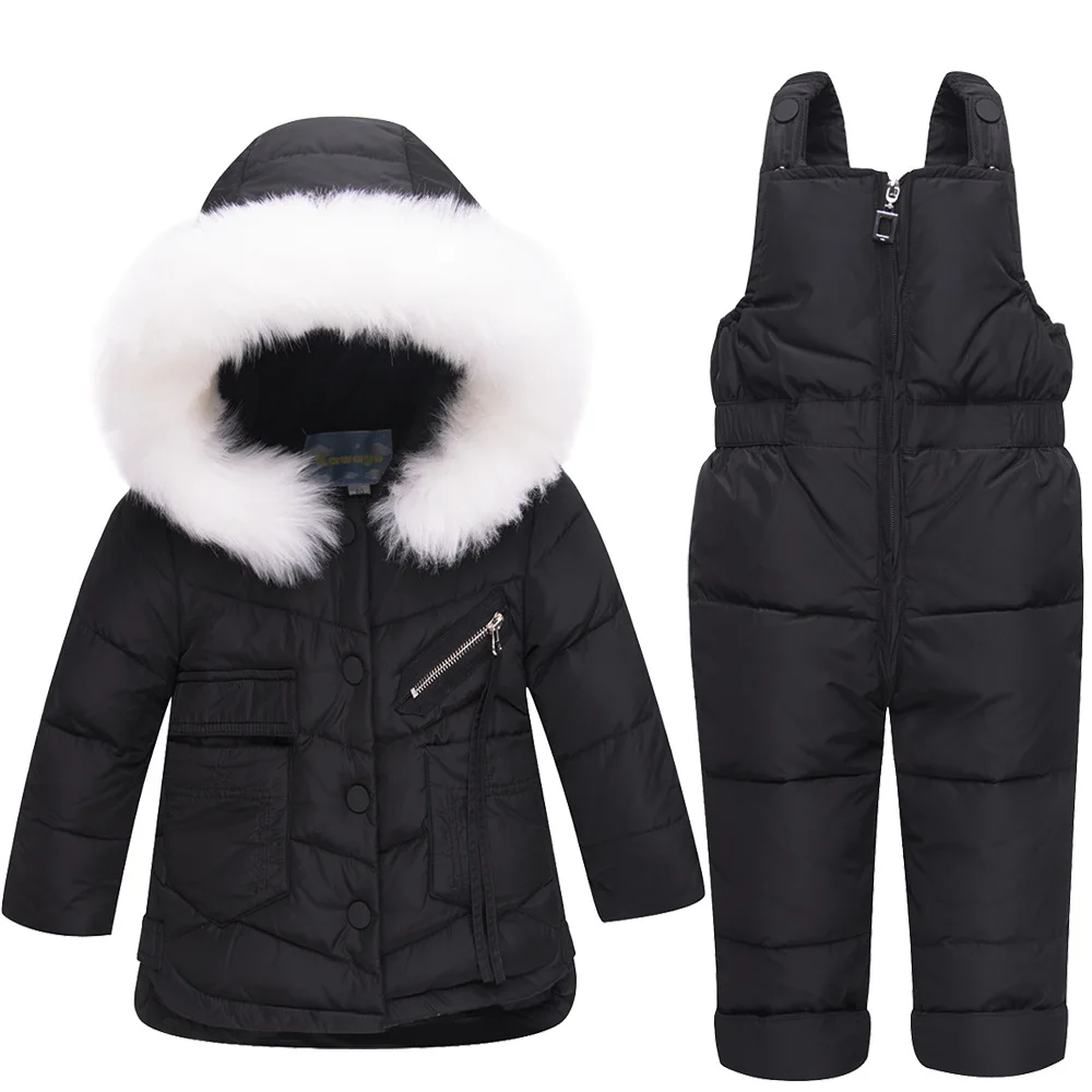 

WENWENDEXINGFU Baby Girls Boys Winter Clothes Suits Children Clothes Suits White Duck Down Thicken Coats Bib Pants Kids Suits