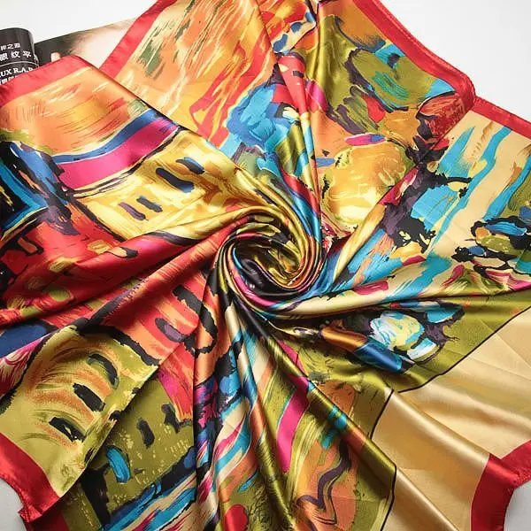 

Oil Painting Scarf For Women 90cm Square Scarf Fashion Female Silk Scarf Shawl Bandana For Head Hijab Brand Scarves For Ladies