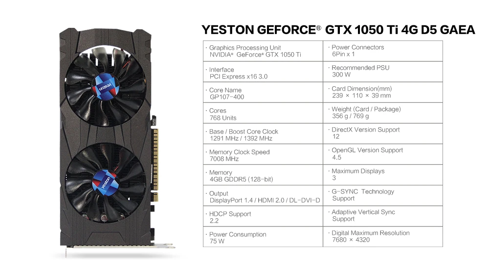 Yeston GeForce GTX 1050 TI 4 ГБ GDDR5 видеокарты Nvidia pci express x16 3,0 настольный компьютер ПК видеоигровая видеокарта