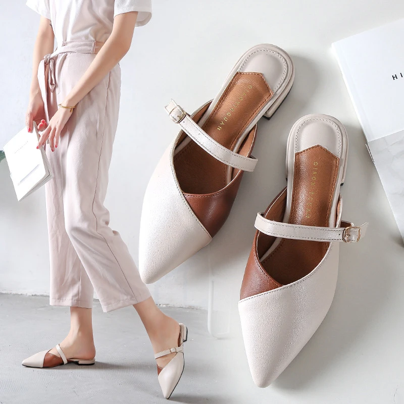 

SAILING LU Women Platform Sandals Beige Black Mules Summer 2019 Low Heels Pointed Toe Pumps Female Casual Elegant Shoes XWD7167