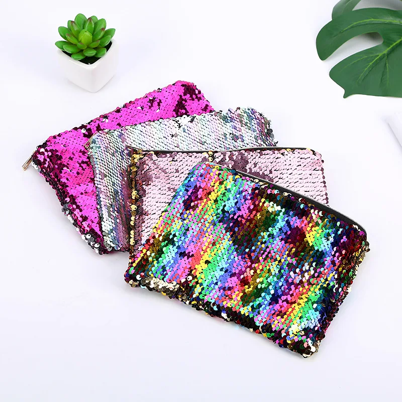 Women Fashion Handbags Mermaid Sequin Makeup Bag Reversible Double Color Glitter Cosmetic Bag Lazy Makeup Zipper Pouch Wholesale cream white canvas bag sweet bowknot soft cloth fabric large capacity simple lazy handbags sweet fashion underarm shoulder bag