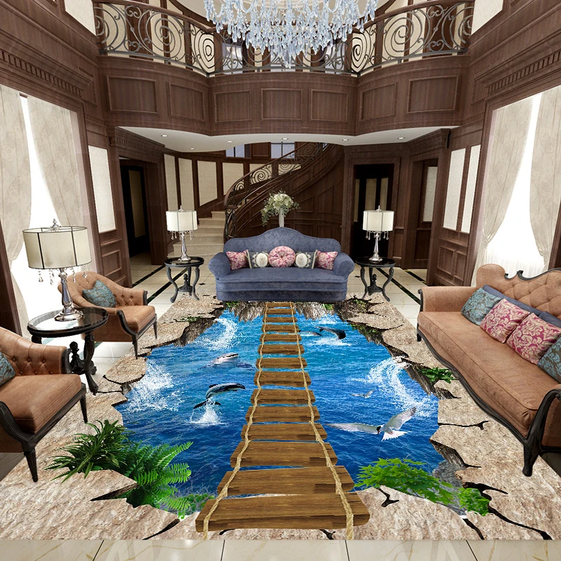 

JiaSheMeiJu 3D Water-proof Self-adhesive Mural Wallpaper Ocean World Adventure Bridge Floor Sticker Bedroom Living Room Decor
