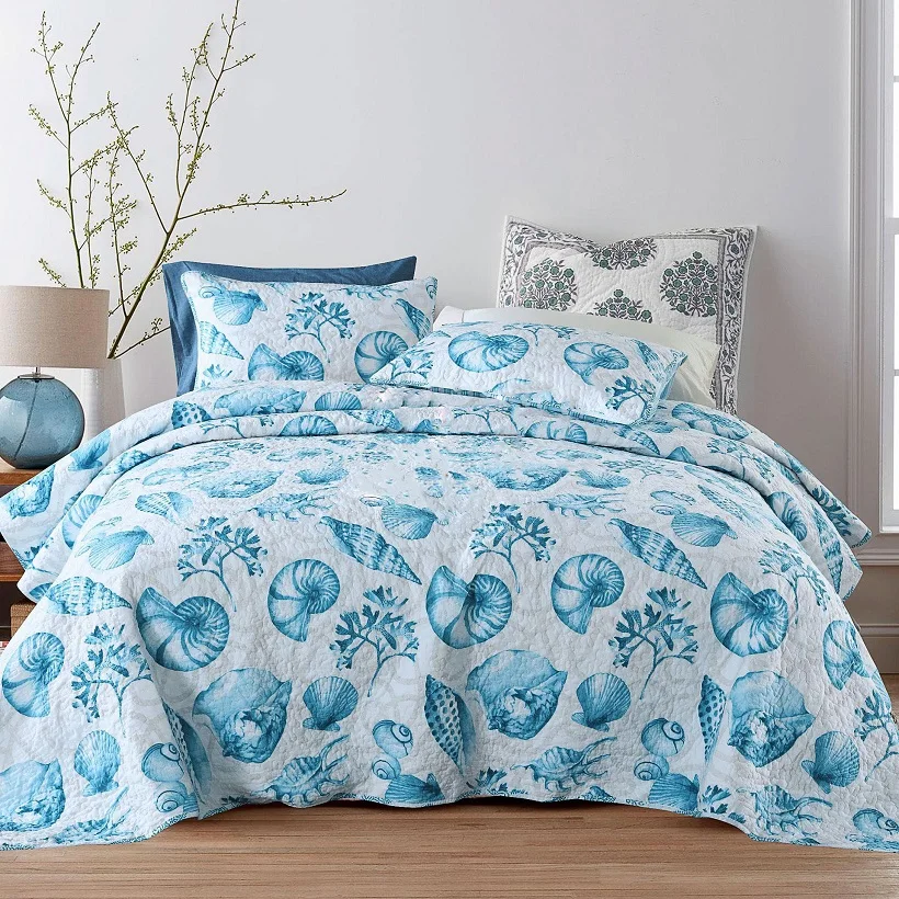 

CHAUSUB Cotton Bedspread Quilt Set 3PCS Marine Printed Blanket on Bed with Pillow Shams Queen Size Coverlet Sets for All Season