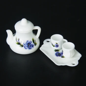 

New Dollhouse Miniature 2 Cups Teapot Tray Set with Floral Pattern Classic Toy Pretend Play Kitchen Toys for Child Creative Gift