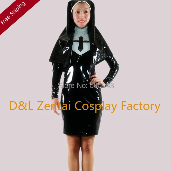 Free Shipping DHL Wholesale Sexy Elegant Black Nun PVC Zentai Suit Dress Zipper Party Halloween Cosplay