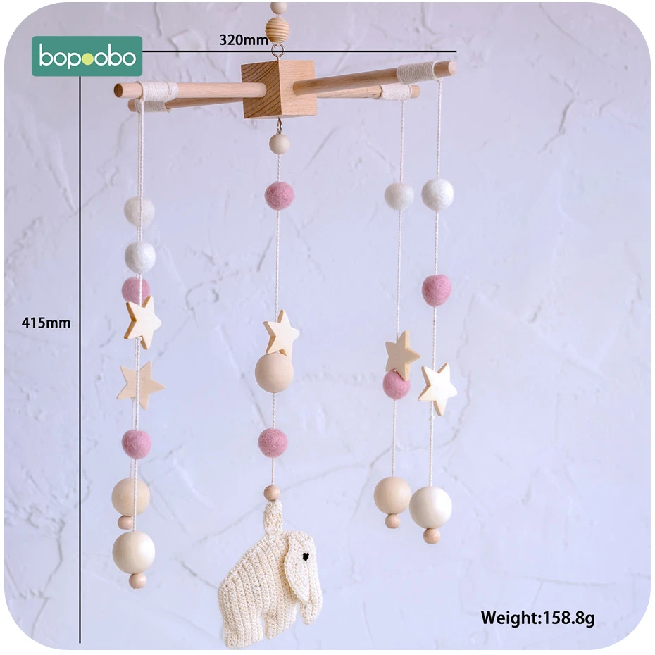 Bopoobo 1 set Baby Crib Mobile Beech Wood Elephant Rattles Wool Balls Kid Room Bed Hanging 3