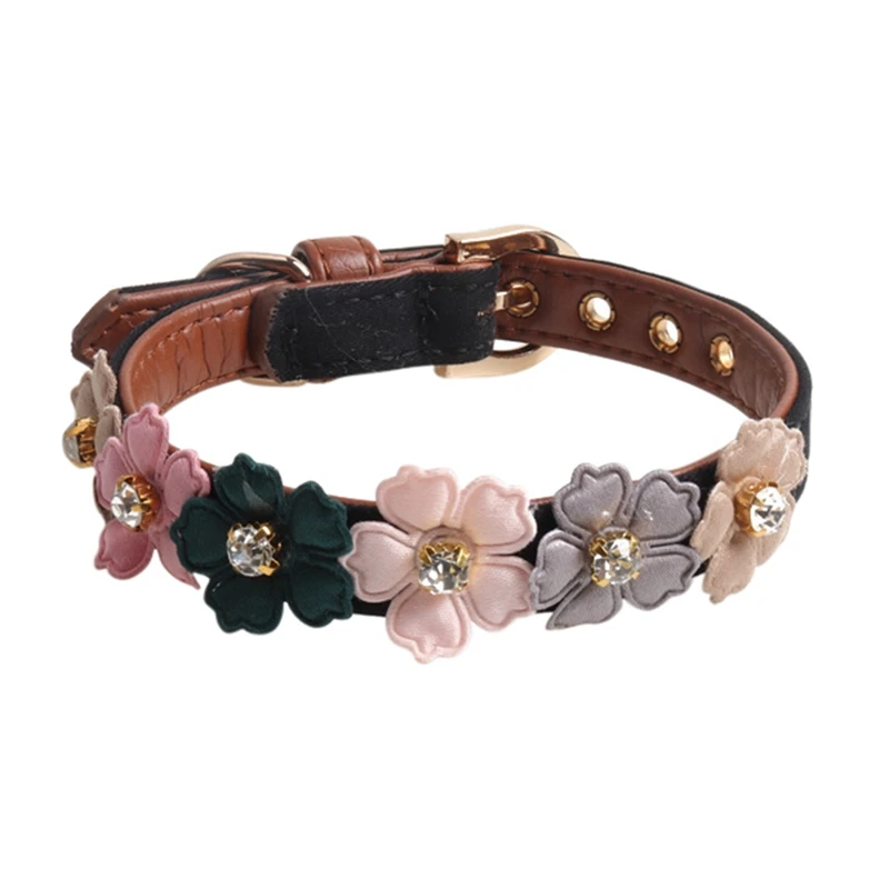 Dog Flower Collar Cute Shiny Diamonds Leather Dogs Necklaces Pet Adjustable Collars For Small Medium Dogs Chihuahua For puppy