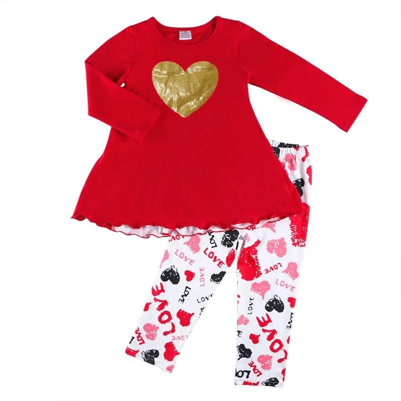 US $70.86 Kaiya Angel 2018 New Fashion Outfits For Valentines Day Heart Applique Red Top With Floral Leggings Children Girls Set