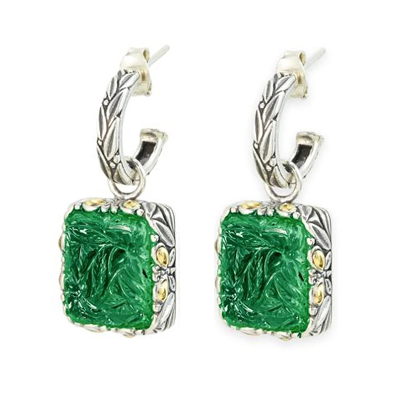 

Boho Ethnic Earrings Antique Carved Leaves Green Stone Cross Ear Clip on Ladies Vintage Long Indian Earrings Jewelry L5C155