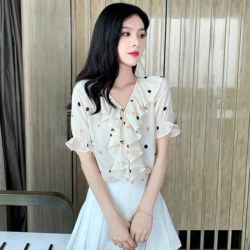 

Women's Blouse Summer Ruffle Short Sleeve Chiffon Shirt Polka Dot Print V-neck Shirt Womens Tops and Blouses