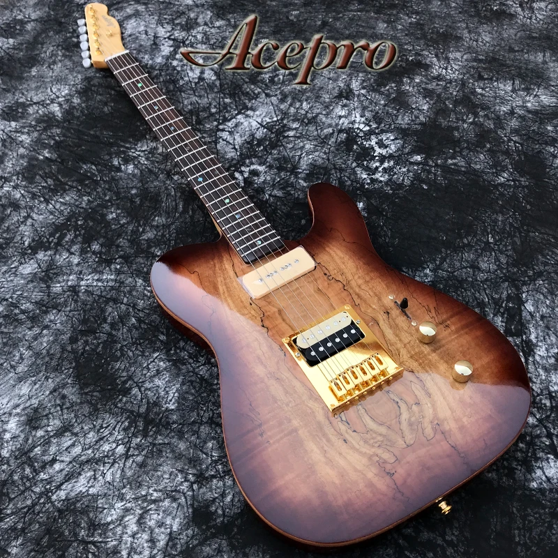 

2 piece Mahogany ACEPRO Electric guitar, Brown Burst Spalted Maple, Abalone dots inlay, White Pearl Tuners, Have Video