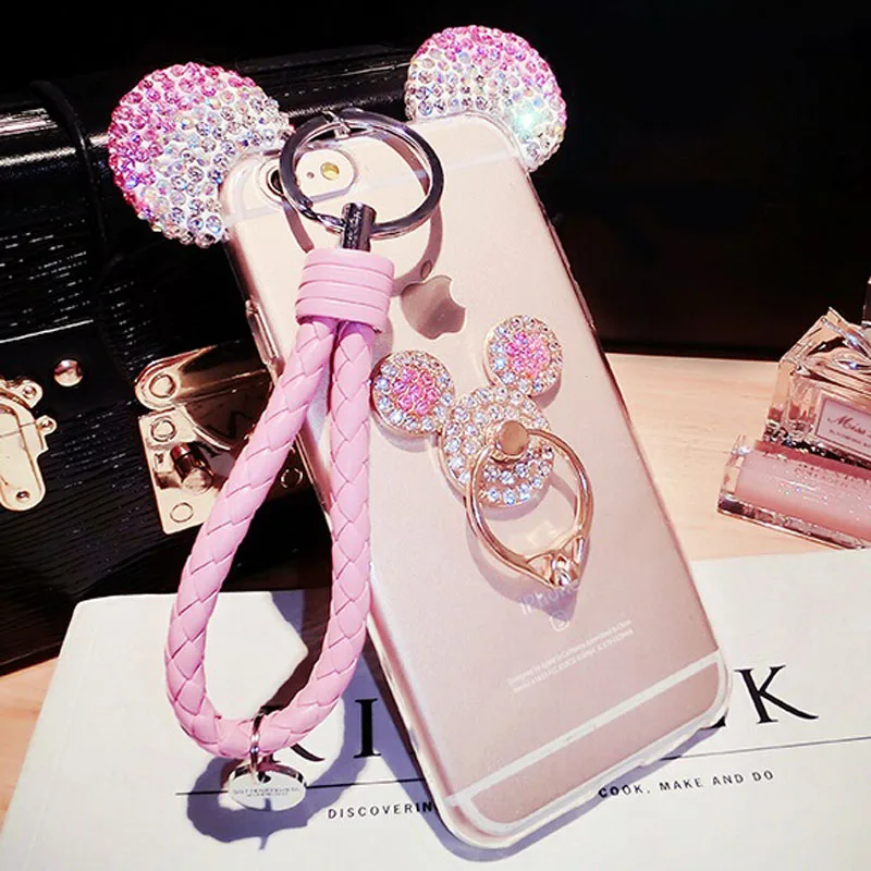 

3D Rhinestone Mickey Ear Case for Galaxy S9 S8 plus s6 s7 edge note 4 5 J5 J7 Cover With Holder Lanyard Soft TPU phone Back Cove