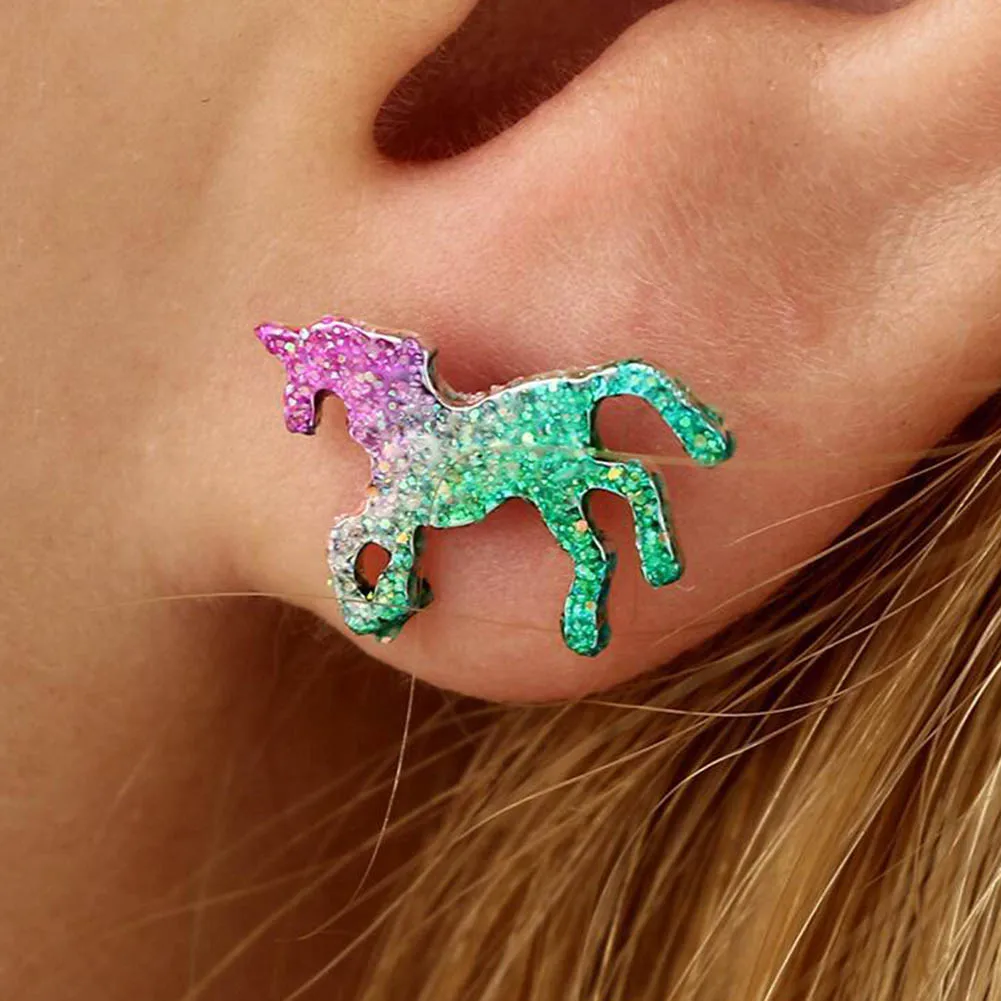 

Fashion Colorful Glitter Enamel Unicorn Earrings For Women Cute Animal Horse Stud Earrings Party Jewelry Oorbellen Gift Brinco