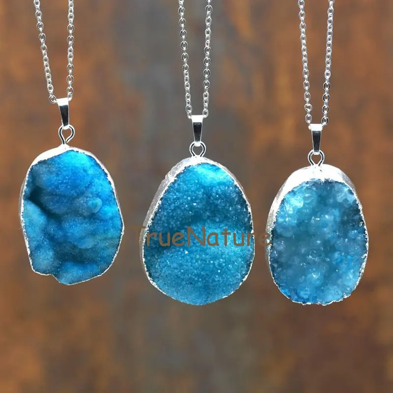 Женское Ожерелье с синими кристаллами Druzy серебряная цепочка подвеской из