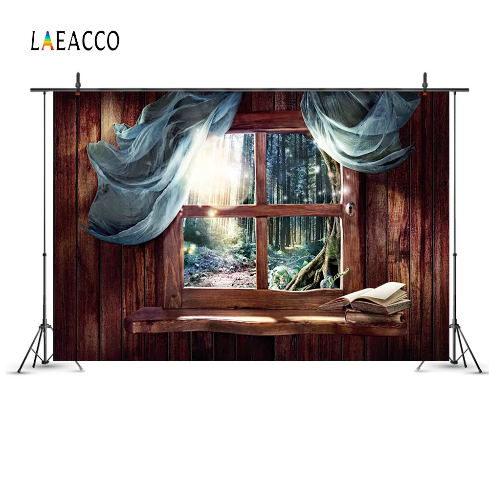 Laeacco сказочный лес фоны с Деревянной Стеной Шторы окна сцены фотография Фоны Индивидуальные Зеленые фотографические фоны для фотостудии