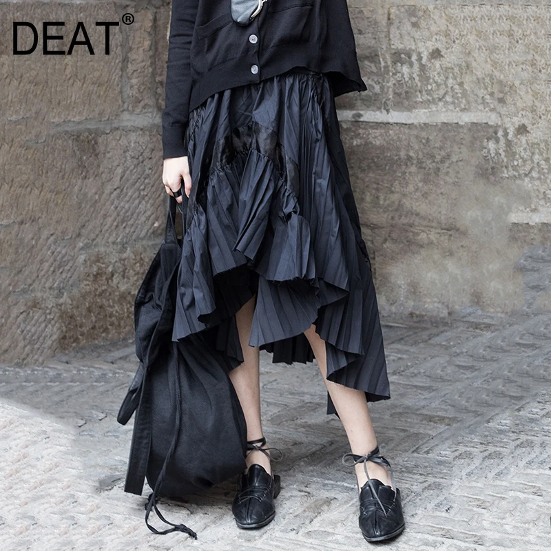 

[DEAT] 2019 New Spring Summer High Elastic Waist Black Irregular Hem Pleated Ruffles Half-body Skirt Women Fashion Tide JR38
