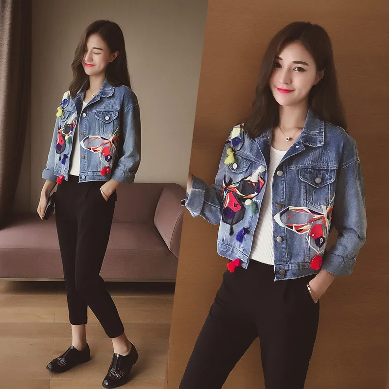 

Mr.nut new 2019 Korean version of the single-breasted embroidered women's butterfly pattern long-sleeved denim jacket