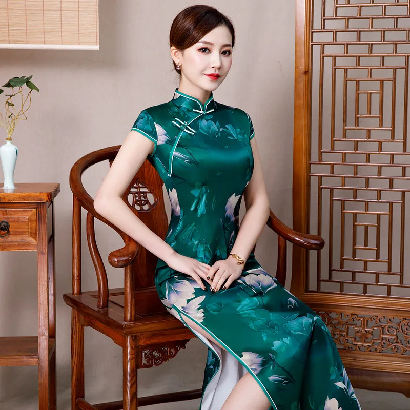 Классическое зеленое платье с принтом Чонсам с цветами в винтажном стиле, воротник-стойка, короткий рукав, Qipao, китайский стиль, облегающее длинное платье, большие M-4XL