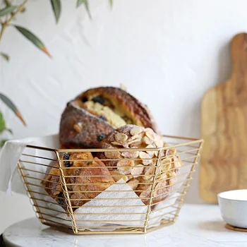 

Hand-woven Geometry Hexagon Metal Basket Nordic Simple Living Room Fruit Bread Sundries Organizer Decoration Storage Baskets