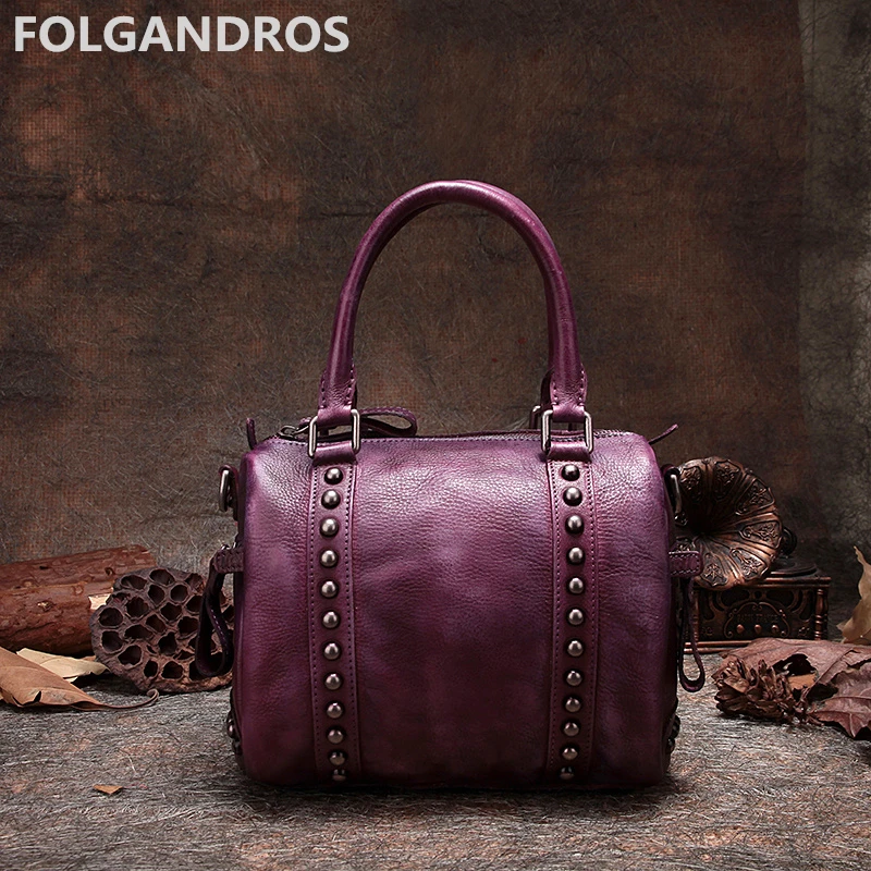 

Women Genuine Leather Handbag 2018 Rivet Vintage Handmade Boston Shoulder Bag Ladies Luxury Brand Top-Handle Messenger Bag Bolsa