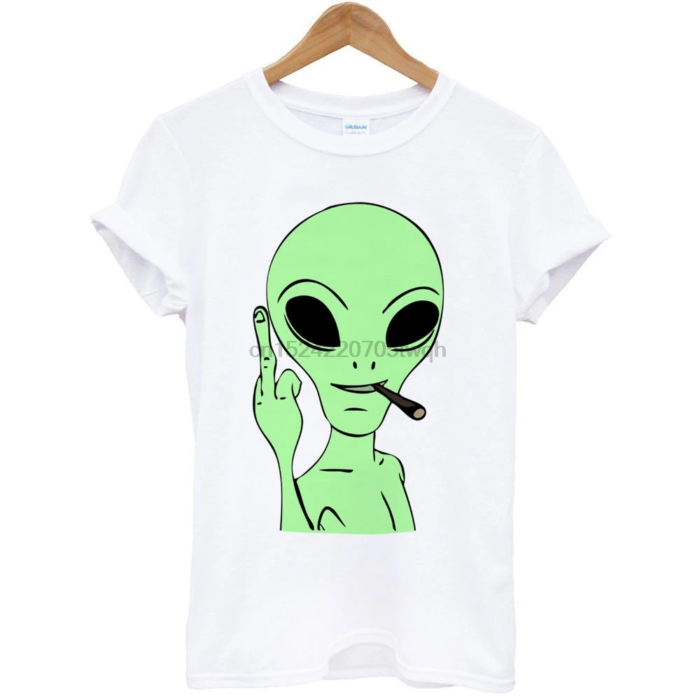 

Alien Middle Finger smoke weed funny humor art pop party gift white t-shirt