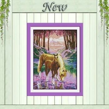 

The silent valley animal horse river painting counted print on canvas DMC 11CT 14CT kits Cross Stitch embroidery needlework Sets