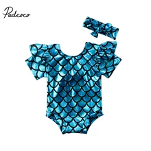 Модная одежда для детей, Детская мода Купальники для малышек Русалка короткий рукав Дети для маленьких девочек Купальник рюшами Купальники для малышек купальный синий пляжная одежда