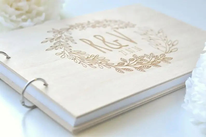 Personalized GuestBook wreath, garden wedding Engraved Wooden Guest Book, floral wedding decor