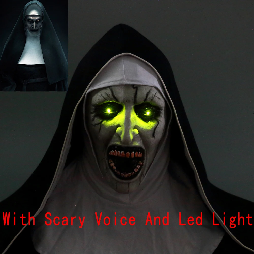 

The Nun Mask Horror Mask With Scary Voice With Led light Cosplay Valak Latex Masks With Headscarf Helmet Halloween Party Props