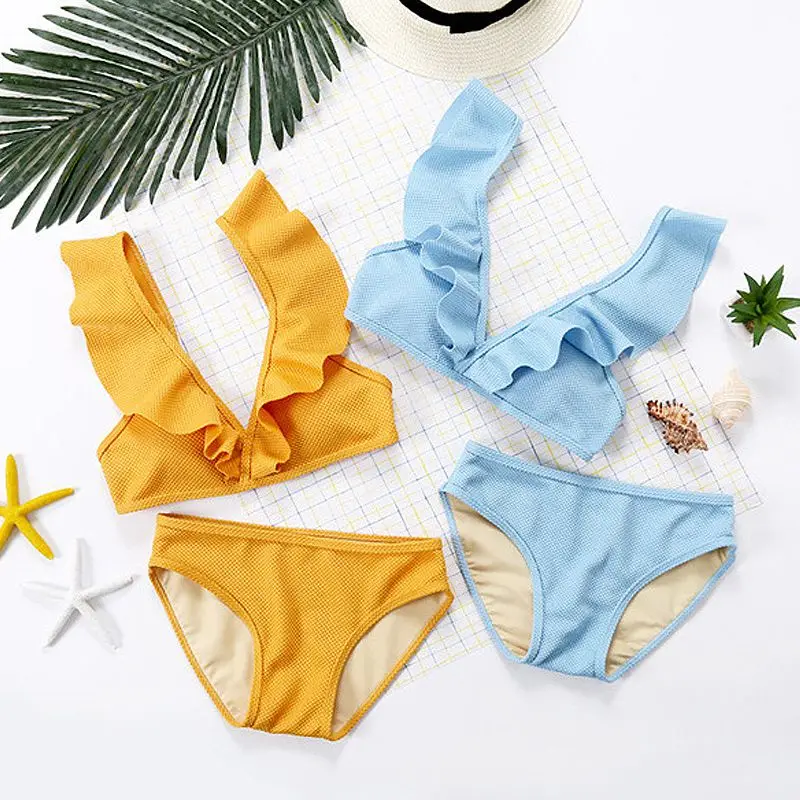 

Swimwear Women Sexy Deep V Ruffled Bikinis Mujer Set Vintage Plaid Back High Waist Split Push-Up Small Fresh Beachwear