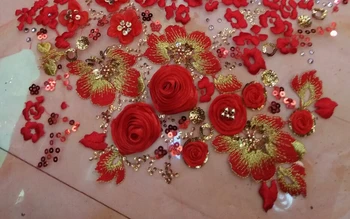 

Red 3D Tulle Satin Rosette Lace Fabric Embroidered, Apparel Sewing Accessories Material for Dress