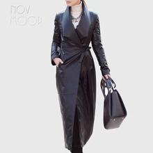 Зимнее женское пуховое пальто из натуральной кожи, мягкое теплое Черное пальто из натуральной овечьей кожи, удлиненный Тренч с завязками на талии LT1932