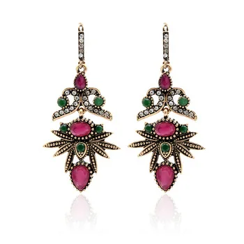 Arabesque Vintage Women Flower Long Hook Earring Swinging Pendant Resin Crystal Palm Jewelry Antique Gold Color Bohemia Bridal