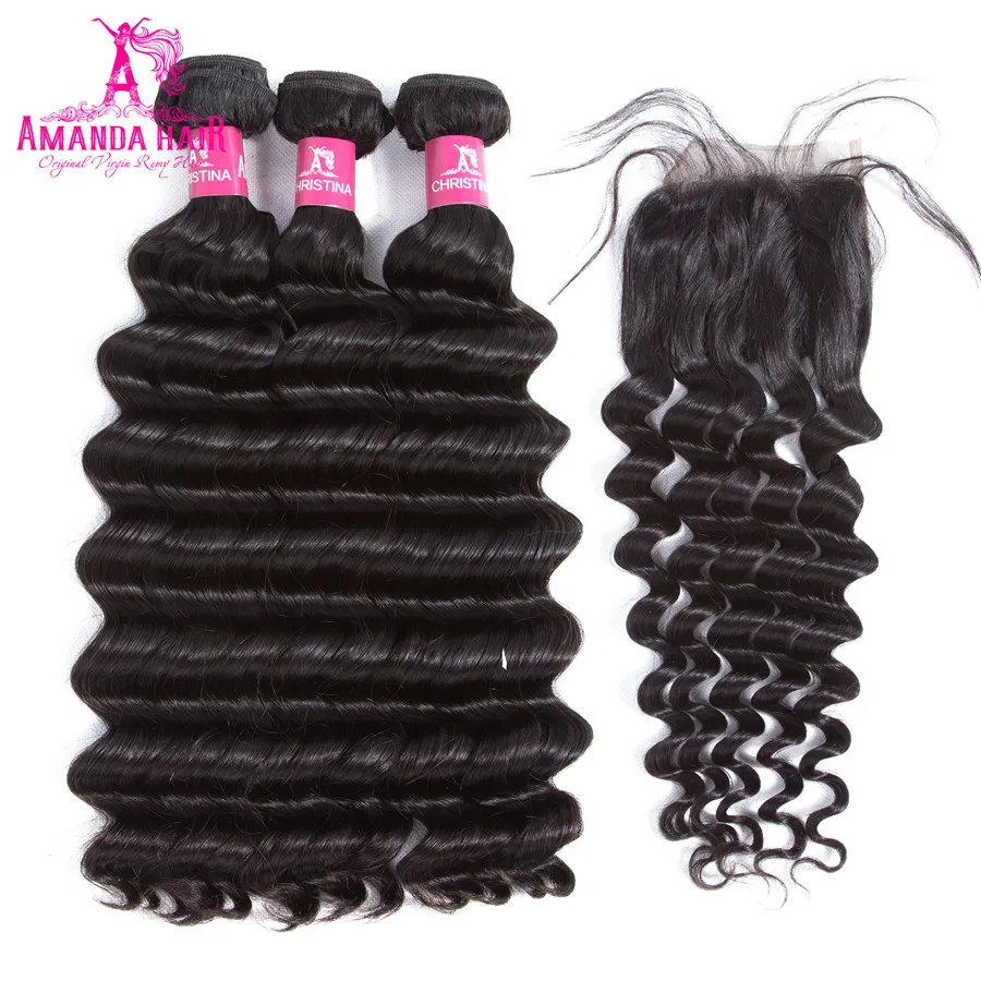 Аманда свободная глубокая волна перуанские волосы плетение 3 Связки с закрытием 100% Remy человеческие волосы расширения с закрытием кружева