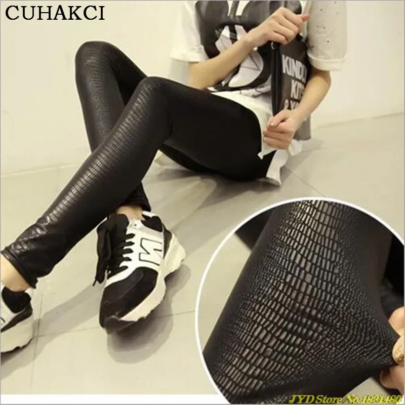 

CUHAKCI Women PU Leather Leggings Snakeskin Pattern High Stretch Quality Skinny Black Punk Rock Leggings Matte Casual Legging
