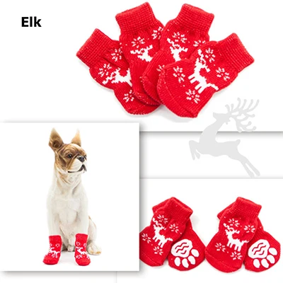 4 шт./компл. Носки для собак рождественских для домашних животных Нескользящие Носки для собак Щенок Indoor мягкого трикотажа Weave теплый носок для собак кошек Рождественский подарок - Цвет: Elk
