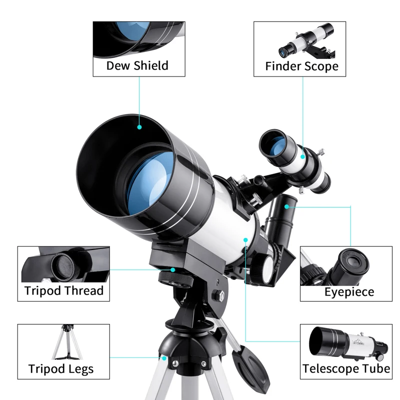 Refractor Telescope Astronomical 300/70mm 150x for Beginners Adults Kids Professional Astronomy Telescope with Tripod MAXLAPTER