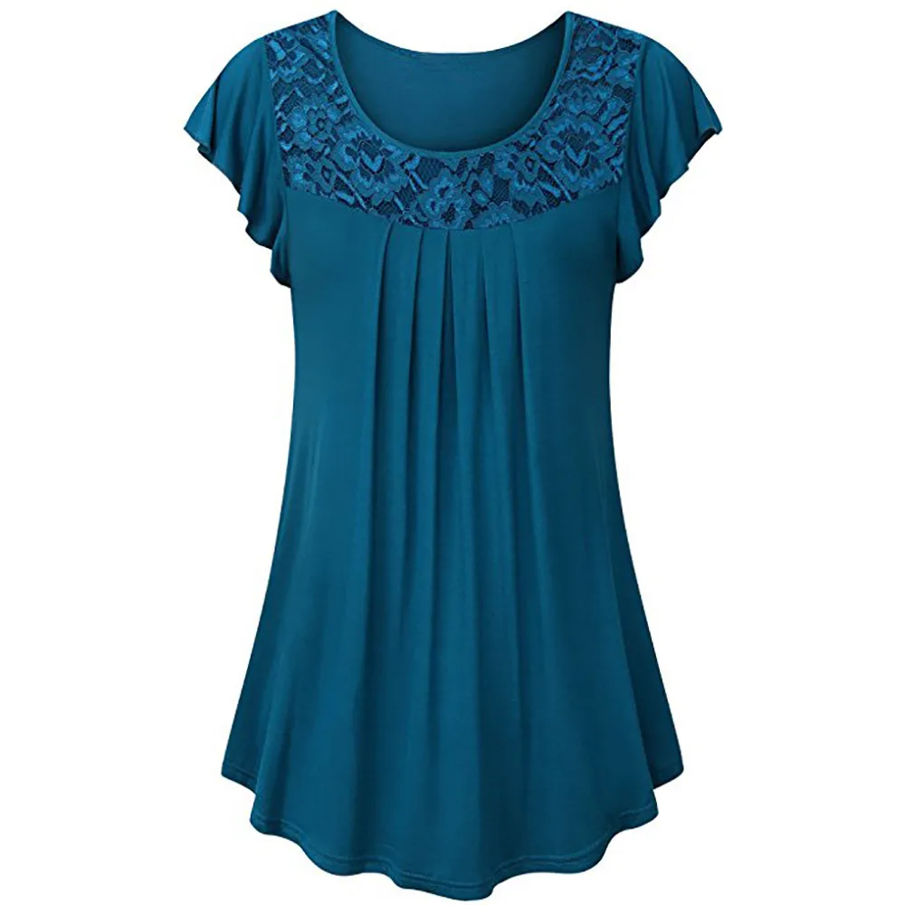 JAYCOSIN Женская однотонная блуза с кружевными вставками, топы с рюшами, летняя Свободная рубашка с коротким рукавом и круглым вырезом