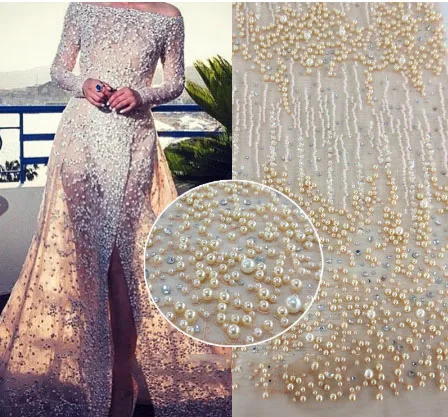 5 ярдов слоновой кости бисером кружевной ткани Серебристые бусины и блестки