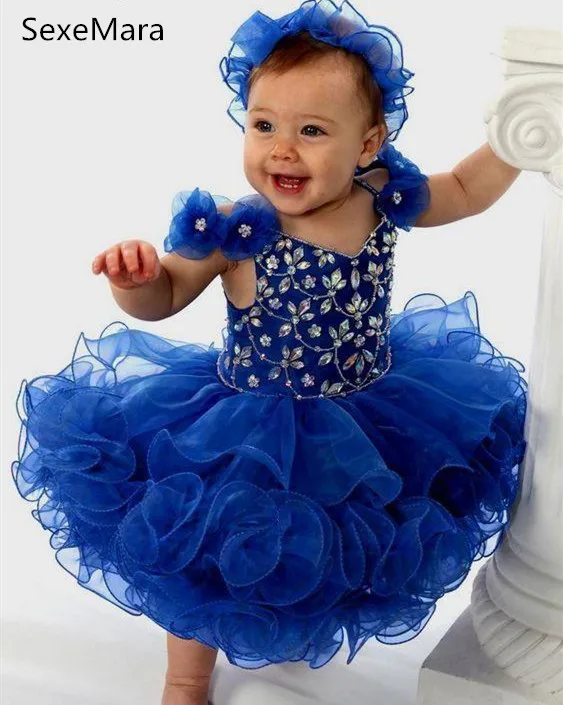 

Cute Royal Blue Baby Girls Birthday Dresses Crystals Beading Top Knee Length Pageant Gown Puffy Dress for Special Occasion