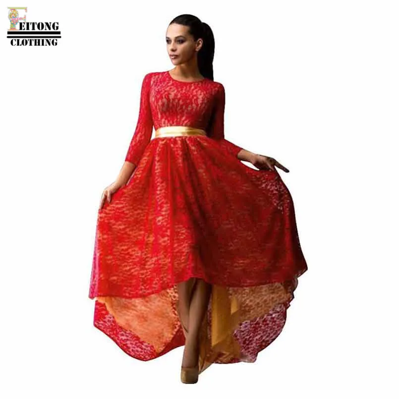 

autumn Women sexy Retro Style Lace Evening Formal Party dress Prom Gown Long O-Neck Print red boho Dress vestido festa Elbise