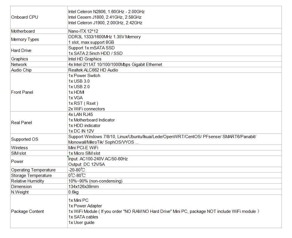 XCY Intel Celeron J1800 J1900 N2806 брандмауэр мягкая маршрутизатор мини-ПК Intel Gigabit Ethernet NIC 4xRJ45 WiFi USB HDMI VGA SIM Pfsense