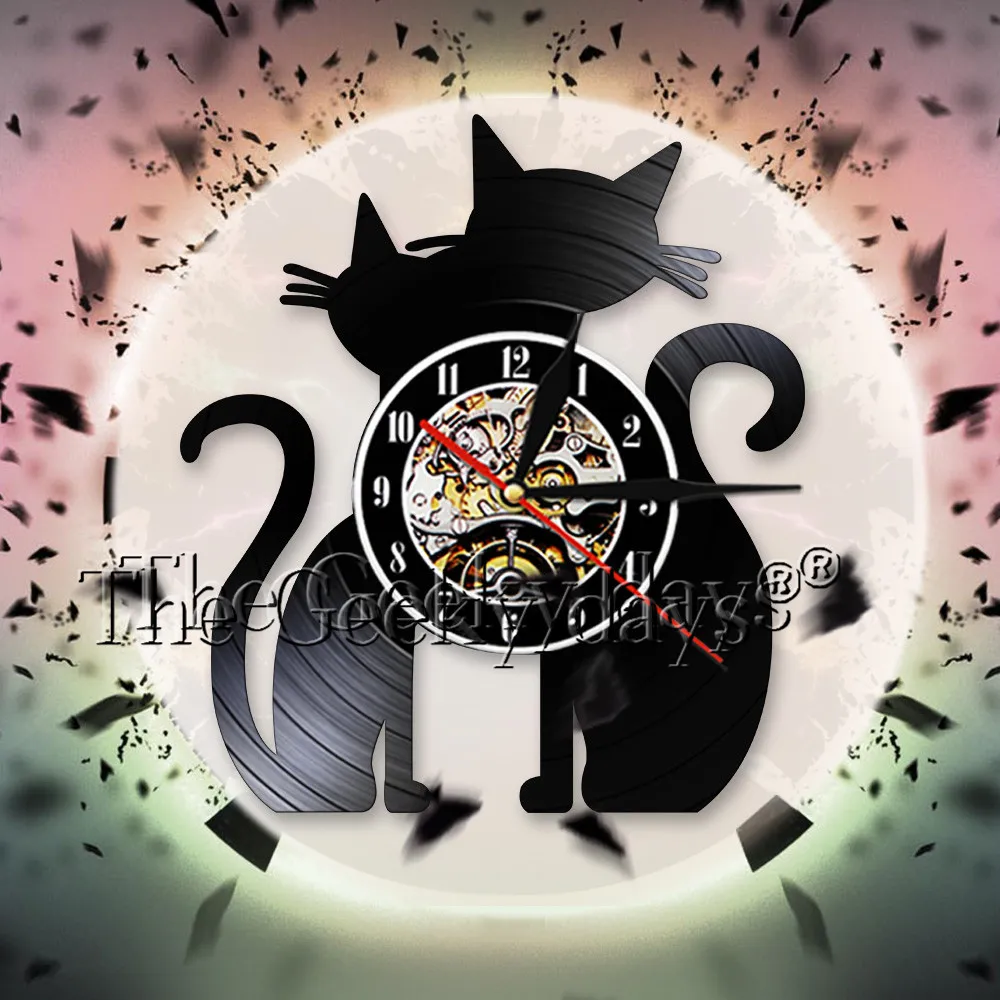Couple Cats Vinyl Record Wall Clock Modern Design Kitty Animal 3D Watch Peeping Cat Unique Gift For Pet Lover | Дом и сад